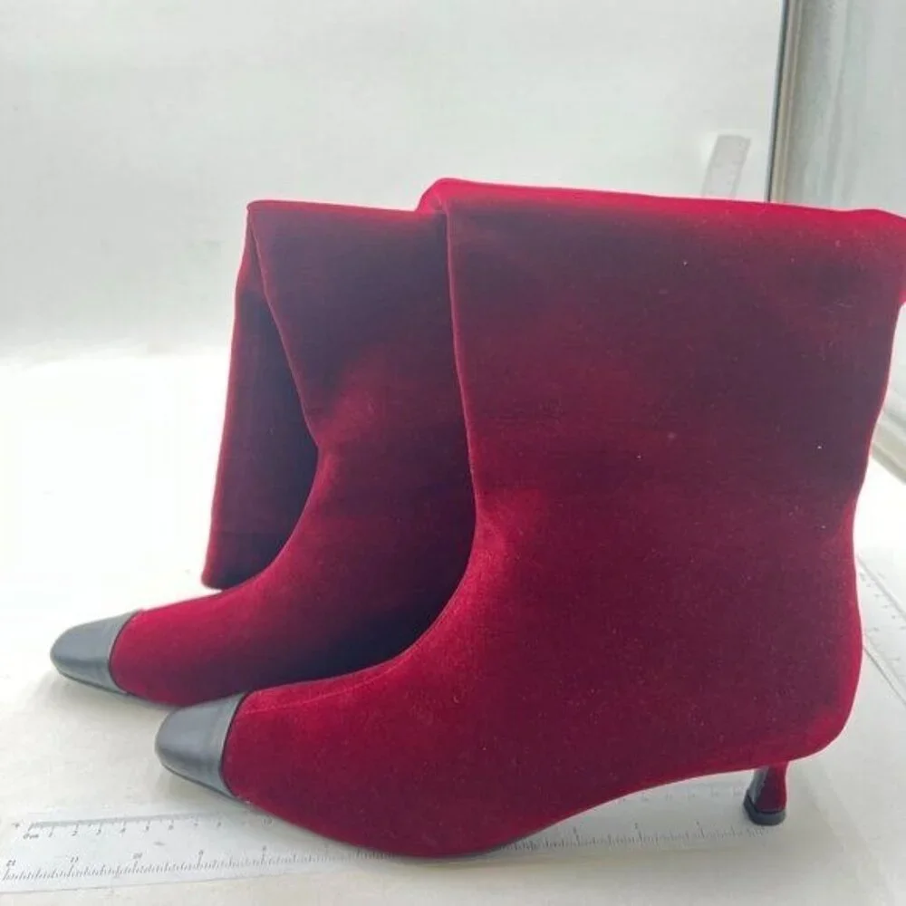 Women's Kitten Heel Faux Suede Knee High Boots Pointed Square Toe Boots Wine
